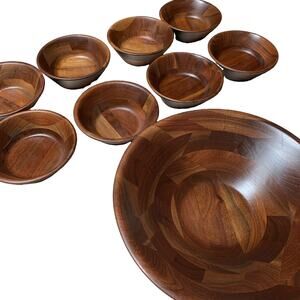 Vermillion Walnut Wood Salad Bowl Set 8 Small Bowls 1 Large Bowl Made in U.S.